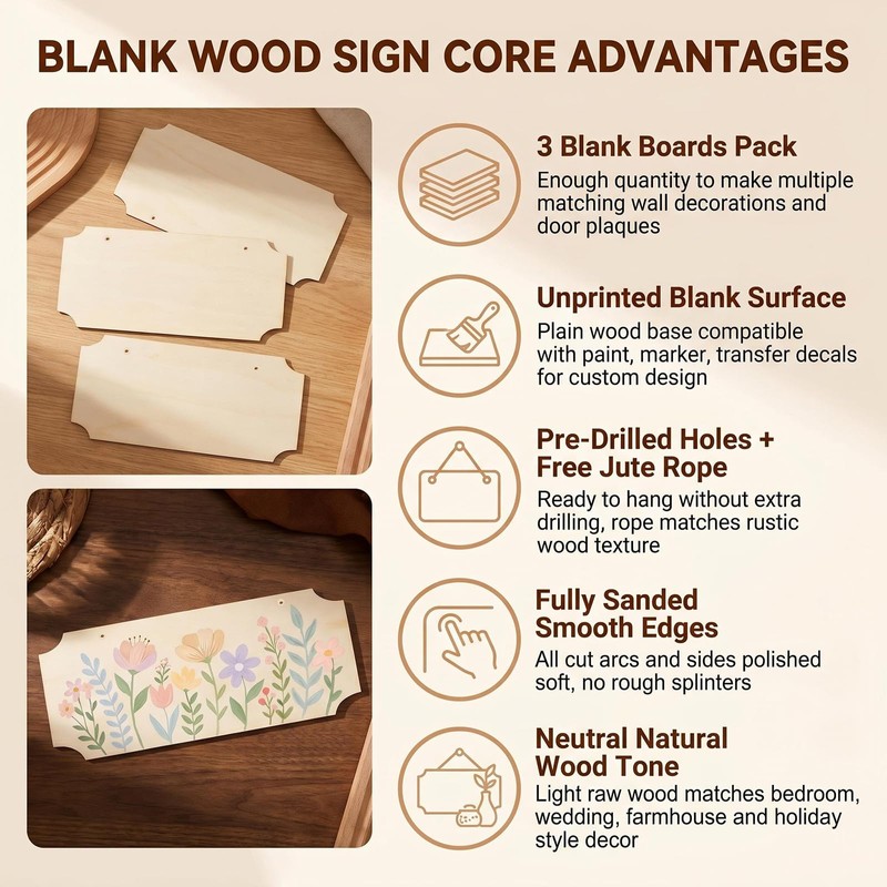 3 Pack Blank Wooden Signs,9.8 x 3.9 Inch Curved Notch