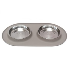 Messy Cats Double Silicone Feeder with Stainless Saucer Shaped Bowl | Anti-Slip Non-Skid Cat Food Bowls | Two Cat Bowls in Feeding/Water Station | 1.75 Cups per Bowl (Grey)
