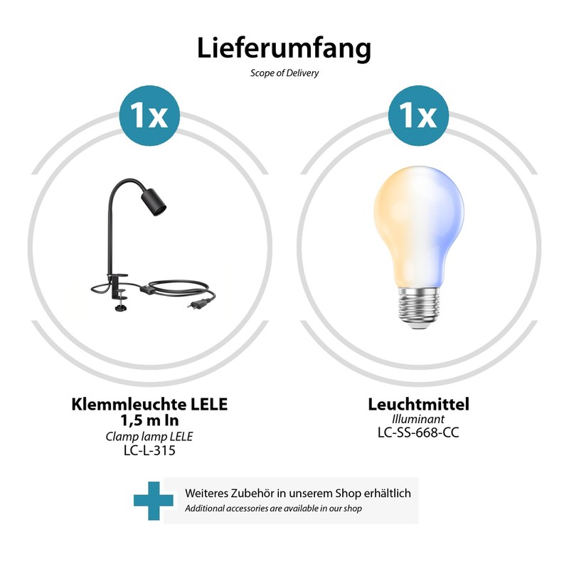 ledscom.de LELE Clamp Light with Gooseneck Black + E27 LED