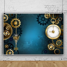 Antique Steampunk Backdrop for Mens Gear Wall Clock Mechanical Steampunk Industrial Photography Backgrounds Vintage Blue Birthday Party Decorations Photo Studio Props Vinyl 7x5ft