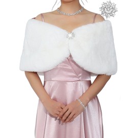 EASEDAILY Women's Fur Shawls and Wraps Wedding Fur Stole Faux Bridal Fur Shrug Winter Fur Cover Up with Brooch for Bride (Medium, A-white rabbit fur)
