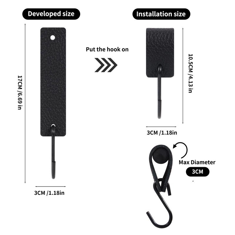 Feligio S Hooks with Leather Loop, Black Hooks for Hanging