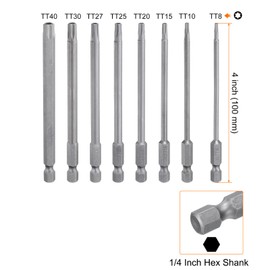 HARFINGTON 8pcs Torx Screwdriver Bit Set TT8/TT10/TT15/TT20/TT25/TT27/TT30/TT40 S2 Steel 1/4" Hex Shank 4" Length Magnetic Star 6 Point Head Power Drill Bits