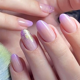 RUOKEXIN Oval Press on Nails Short Fake Nails Purple Ombre False Nails with Glitter Designs Glue on Nails Short Almond Nail Press ons Sparkly Artificial Nails Cute Stick on Nails for Women 24Pcs