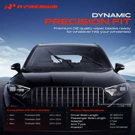 A-Premium Pack of 2 Windshield Wiper Blades with Wear Indicator & Towel - Compatible with Ram Promaster 1500/2500/3500 2014-2024 - 26" and 22", Hook Connector, Left and Right