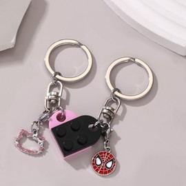 Drogomen Heart Keychain Set for Couples Women Men Best Friend Keychains for Friendship Matching Brick Heart Keychains for Girlfriend Boyfriend Sweet Valentine's Day Couples Gift Ideas (Spider+Kitty)
