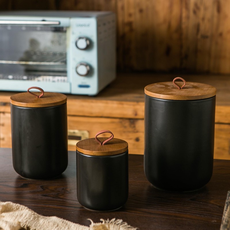 JOJUNO Black Ceramic Canister Set with Wooden Lid, 3-Piece Airtight