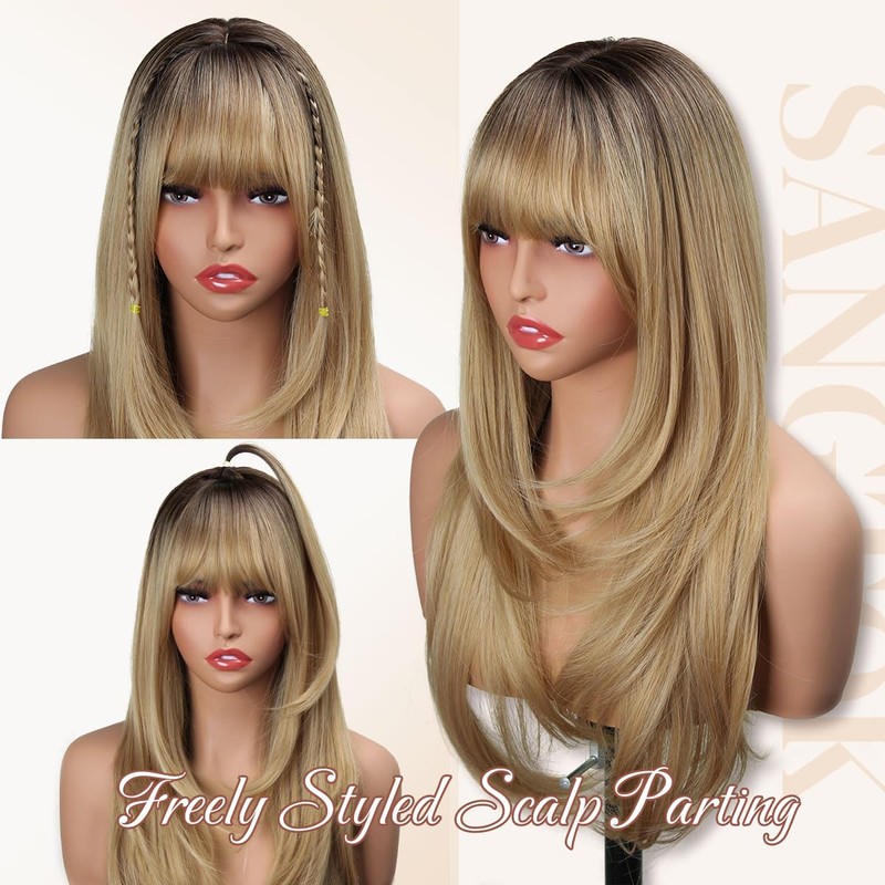 Sangtok Long Ombre Blonde Layered Wig with Bangs for Women,