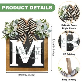 2025 Welcome Wreaths for Front Door-14"x12", 26 Initial Letter Wreaths for Front Door, Welcome Sign with Eucalyptus Garland and Bow, Porch Farmhouse Decoration, Housewarming Gifts (M)