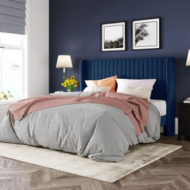 Allewie Full Size Velvet Bed Frame/Vertical Channel Tufted Wingback Headboard/Upholstered Platform Bed/Strong Wooden Slats/No Box Spring Needed/Easy Assembly/Blue