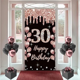 30th Birthday Decoration for Women Happy 30th Birthday Poster Black and Rose Fabric Sign Wall/Door Banner Background Banner Party Welcome Sign, 35.4"x70"