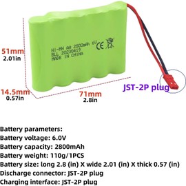 1PCS AA 6.0V 2800mAh Rechargeable Battery with JST-2P Plug and USB Charging Cable for The New Huina 540 Dump 520 RC Bulldozer and 510 Excavator 540 Engineering Truck RC Toy RC Car Spare Battery Pack