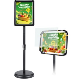 RedChili Sign Holder Stand 8.5x11 Inch, Angle Height Adjustable Floor Standing Sign Holder for Display Heavy Duty Metal Poster Signage Stand With Snap-Open Aluminum Alloy Frame For Malls Schools Restaurants (Black, Round Corner)