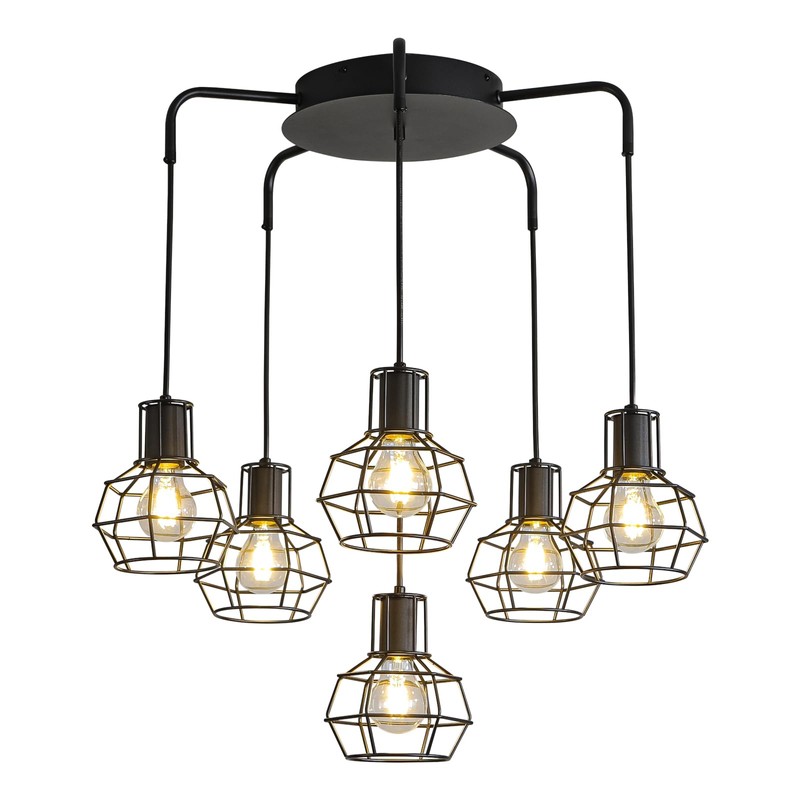 6-Light Pendant Light Fixtures, Industrial Farmhouse Hanging Lighting, Black Metal
