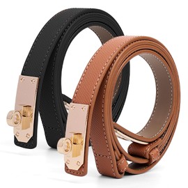 Asaloy Women's Thin Leather Belts with Turn Lock Buckle,Belt Women Adjustable for Pants Dresses Jeans Coats (Caramel Belt Gold Buckle+Black Belt Gold Buckle（2 piece）, Waist Size Below 37 Inches)