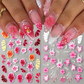 Flower Nail Stickers 5D Embossed Flowers Nail Art Stickers Self Adhesive Summer Pink Petals Design Floral Nail Decals Summer Holiday Style Sticker Decoration Accessories for Women