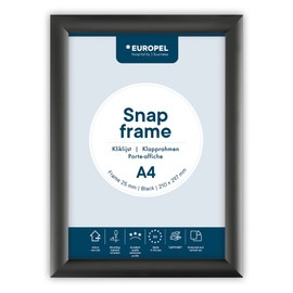Europel A4 folding frame with 25 mm aluminium profile, hinged poster frame with mitre corner, snap frame for, among other things, posters, certificates, photos and advertising materials, black
