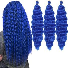 30 inch Ocean Wave Crochet Hair Deep Wave Twist Crochet Hair Extensions Curly Braiding Hair 3 packs Long Wavy Water Wave Braids For Women Synthetic Crochet Braid Hair (30 inch, Blue)