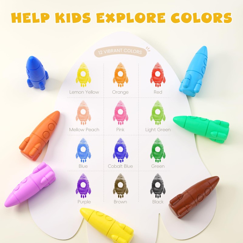 JUPITEARTH 12 Colors Crayons for Toddlers, Non-Toxic Washable Rocket Crayons,