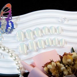 TENPAL Chrome Press on nails Aurora White Short Almond Nails Press ons Glazed Donut Fake Nails With Glue Acrylic Nails Soft Glue on Nails Short 24pcs/Box Ballet Chrome Stick on Nails For Women