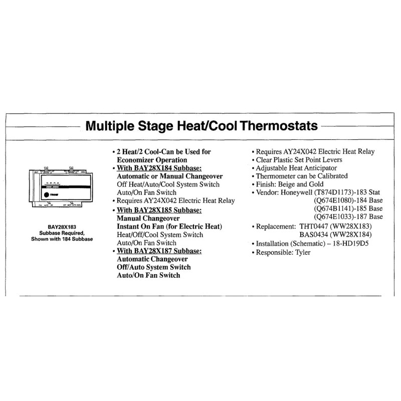 Trane BAY28X183 Heat-Cool Thermostat 24V Control