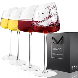 Slanted Red/White Wine Glasses, Crystal Large Wine Glasses, Hand-Blown Set of 4 Modern Long Stem Wine Glasses, Premium Clear Glass with Unique Concave Base, Gift Packaging for Christmas Birthday 18 oz