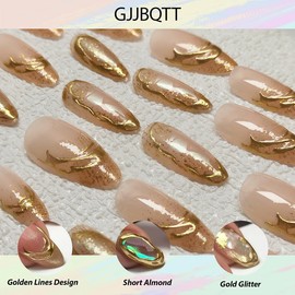 Short Press on Nails Almond Fake Nails with Gold Stripe Line Design Pattern Artificial Glossy Full Cover Acrylic False Nails Daily Wear Press ons Nail Wedding Party Nail Decoration Accessories