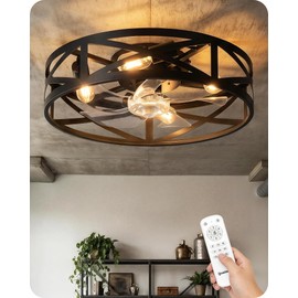 20" Farmhouse Flush Mount Ceiling Fan with Lights and Remote, Low Profile Caged Ceiling Fan Fandelier, 6 Speeds, Timer, Reversible DC Motor, Bladeless Ceiling Fan for Bedroom, Kitchen, Black B02CF05