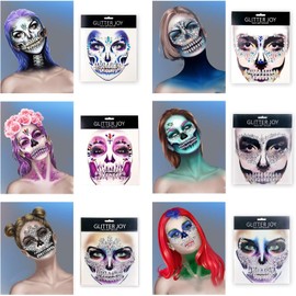 Joyas de calavera con gemas para la cara, tatuajes temporales de Halloween, calcomanías de tatuaje con diamantes de imitación, gemas corporales de cristales para pegar en la cara para festivales o fiestas raves