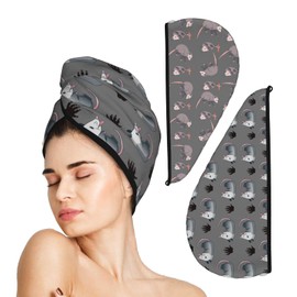 Muxxirt Cute Animal Cartoon Opossum 2pcs Coral Velvet Hair Towel Wrap for Women Girls Drying Towel Absorbent Hair