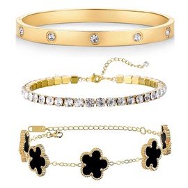 CRUSH CR 18K Gold Plated Bracelets for Women Non Tarnish, Chunky Cuff Bracelet stack stainless steel Gold Hand Chain Bangles Bracelet Set for Love Trendy Jewelry Gifts for Women (Style A)