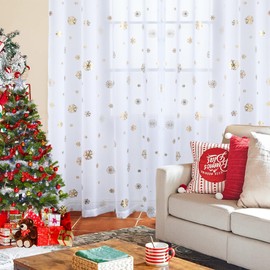 youleyar Snowflake Christmas Sheer Curtains, Luxury Gold Foil Print Voile Sheer Curtains, Metallic Bronzing Treatment Pair for Holiday Window Decoration, Living Room, 2 Panels White 52x72 inch