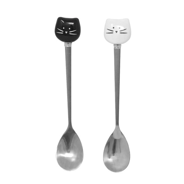 Honbay 2PCS Cute Cat Spoon Stainless Steel Tea Spoon Coffee Spoon Sugar Spoon for Cat Mug, Black and White