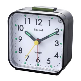 Tinload Small Battery Operated Analog Travel Alarm Clock Silent Non Ticking, Gentle Wake, Ascending Beep Sounds, Snooze,Lighted on Demand, Easy Set(Black)