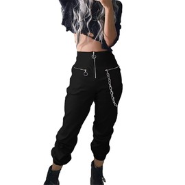 TSMNZMU Harajuku Black Trousers Women Casual Pants Punk Gothic Grunge Harem Pants with Chains Black Long Trousers