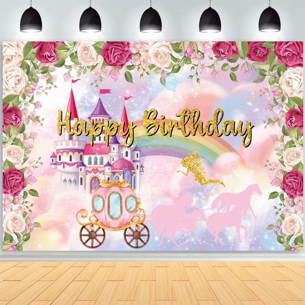 ASOONYUM 7x5ft Dreamy Castle Backdrop Princess Birthday Party Decorations Supplies Background for Photography Kids Girl Birthday Party Favor Gold Elves Pink Floral Flower Royal Carriage Crown Rainbow