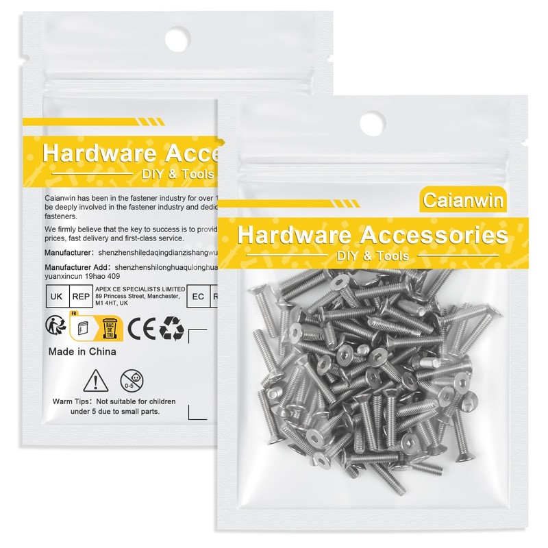 Caianwin 100Pcs M4x20mm Hex Countersunk Bolts DIN7991 Machine Screws 304