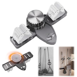 Broom Holder Mop Hanger Wall Mount, No Drill Suction Cup Mop and Broom Organizer with Hooks, Space Saving Adjustable Rack Removable Mop Clip for Bathroom, Kitchen, Garage, Laundry Room (Grey)