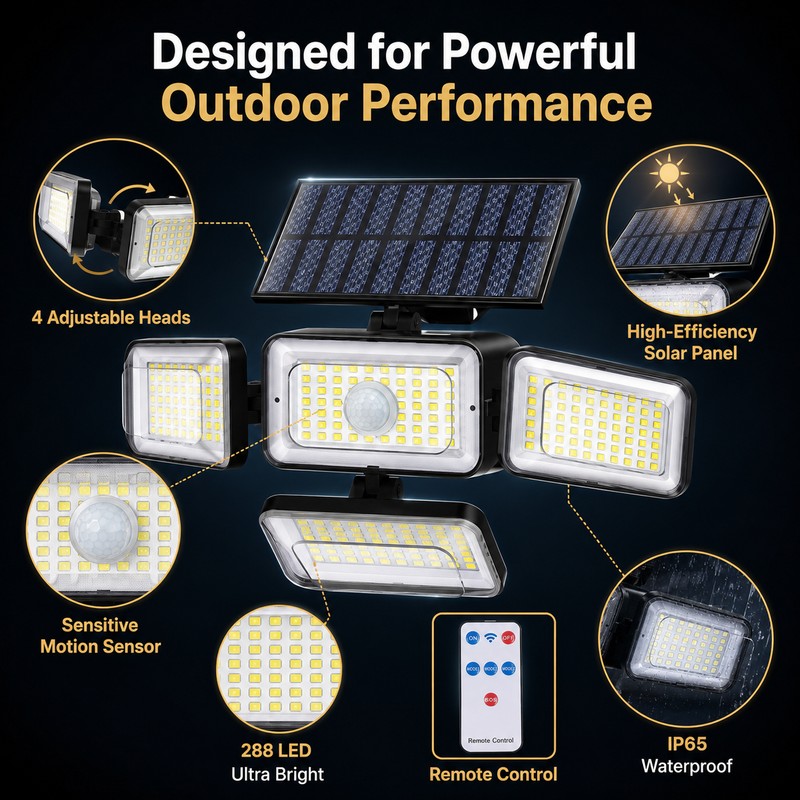 Solar Motion Sensor Outdoor Lights for Security – 4-Head Waterproof