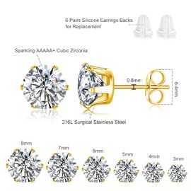 GEMSME Stainless Steel Stud Earrings Set,Stainless Steel Hypoallergenic Cubic Zirconia Earring Stud earrings Set(6 Pairs)
