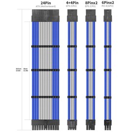 upHere Sleeve Extension Power Supply Cable Kit, Power Supply with Extra-Sleeved 24-PIN 6-PIN 4+4 PIN-Blue/White,SC302