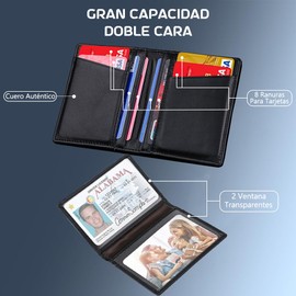 Carteras para Caballero RFID Bloquean, Tarjetero Hombre de Cuero Doble Pliegue Delgado Billetera para Hombres con 8 Ranura para Tarjeta de Crédito y 2 Transparente ID de Bolsillo. (Negro)