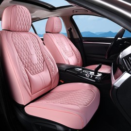 Coverado Seat Covers Full Set, Luxury Leather Pink Car Seat Covers for Car with Lumbar Support, Automotive Seat Covers Waterproof Car Seat Protector Universal Fit for Most Cars SUV Truck