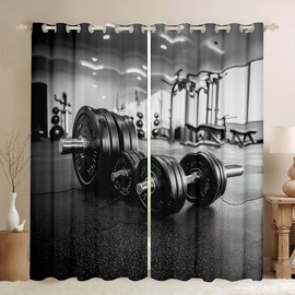 Weightlifting Kids Window Curtains,Dumbbell Barbell Exercise Tools Bedding Set for Boys Men,Gym Room Fitness Sports Games Black Window Treatments Grommet Top 2 Panel Set,42Wx63L inch