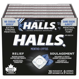 HALLS No Sugar Added Extra Strong, Cough Drops, Throat Lozenges, Sore Throat Relief, Mentho-Lyptus, 9 Lozenges