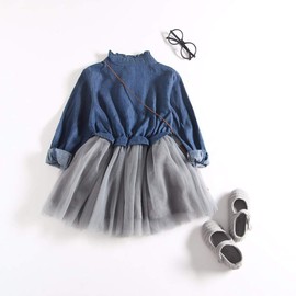 Bcaur Toddler Baby Girls Denim Dress Long Sleeve Princess Tutu Dress,AZ1531-Navy blue-4T
