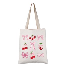 VAMSII Cherries Lover Gift Coquette Cherries Tote Bag Pink Ribbon Bow Handbag Cherries Aesthetic Gift (Coquette Cherries T)