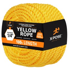 Yellow Twisted Polypropylene Rope, 1/4" Thickness x 100' Length Heavy Duty Poly Ropes for Outdoor and Marine Use, Yellow Rope for Visibility & Safety