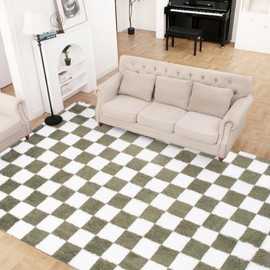 Super Soft Rug for Bedroom, 4x5.8 Ft Green and White Area Rug Classic Checkered Shaggy Anti-Skid High Pile Soft Fluffy Rug Fuzzy Carpet for Living Room Bedroom Kids Room Nursery, Dorm Home Decor