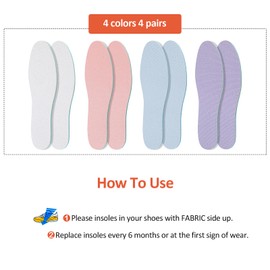 Sintege 4 Pairs Breathable Shoe Insoles for Men and Women Soft Sweat Absorbing Insoles for Daily Comfort Replacement Improve Foot Posture Balance Strength(White Pink Blue Purple,Woman 7-8.5)